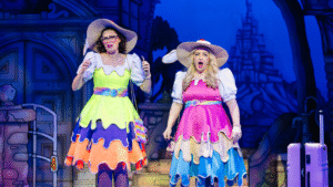 Han & Fran from Britain's Got talent in bright coloured outfits portraying the ugly sisters from Cinderella pantomime