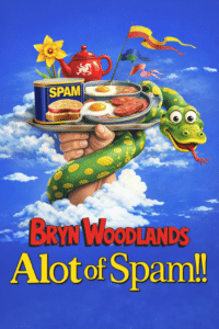In this image there is a hand holding a tray with spam, eggs and beans as well as a python wrapped around in true Monty python Style